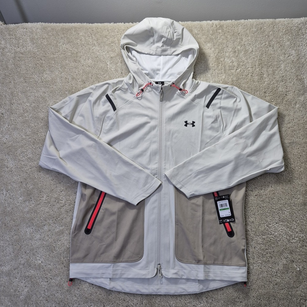 Under Armour UA Unstoppable Jacket Mens Large Beige Hooded Full Zip Outdoor New